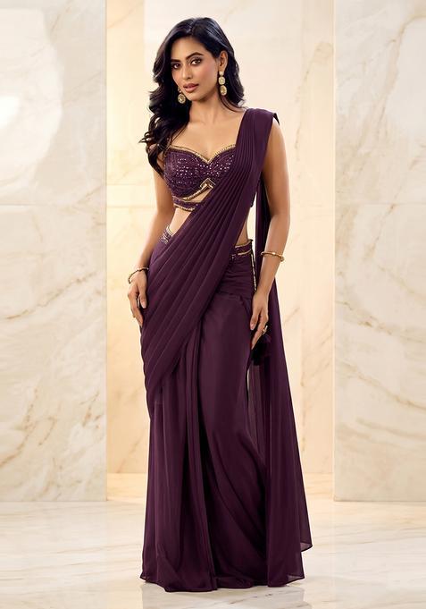 Dark Purple Embroidered Handwork Pre Draped Saree Set