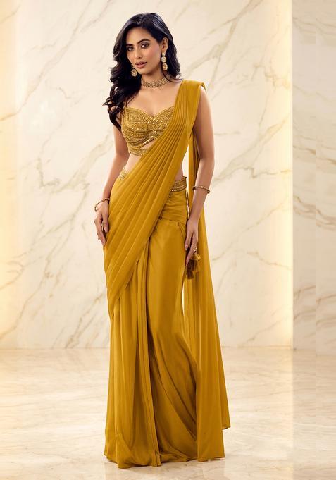 Mustard Yellow Embroidered Handwork Pre Draped Saree Set