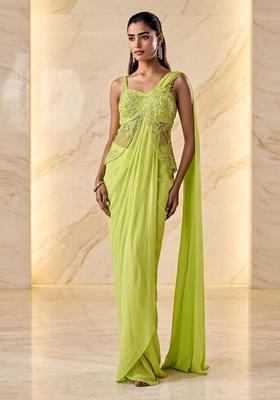 Lime Green Embroidered Handwork Pre Draped Saree Set