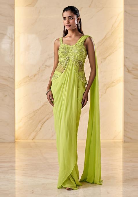 Lime Green Embroidered Handwork Pre Draped Saree Set