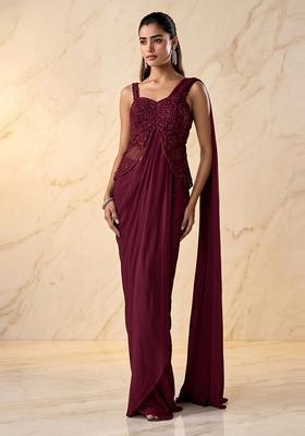 Wine Embroidered Handwork Pre Draped Saree Set