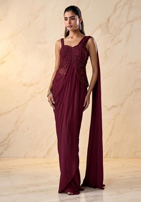 Wine Embroidered Handwork Pre Draped Saree Set