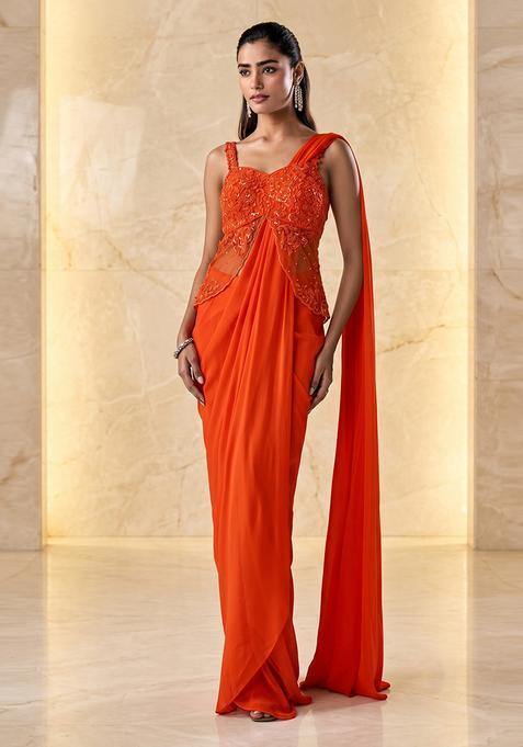 Orange Embroidered Handwork Pre Draped Saree Set
