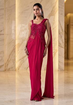 Pink Embroidered Handwork Pre Draped Saree Set