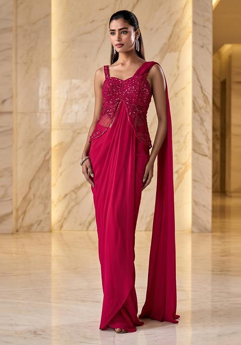 Pink Embroidered Handwork Pre Draped Saree Set