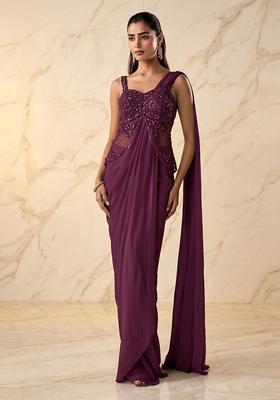 Wine Embroidered Handwork Pre Draped Saree Set