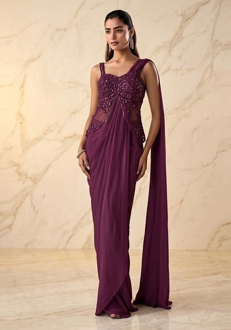 Wine Embroidered Handwork Pre Draped Saree Set