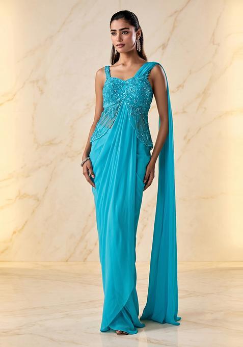 Turquoise Blue Embroidered Handwork Pre Draped Saree Set