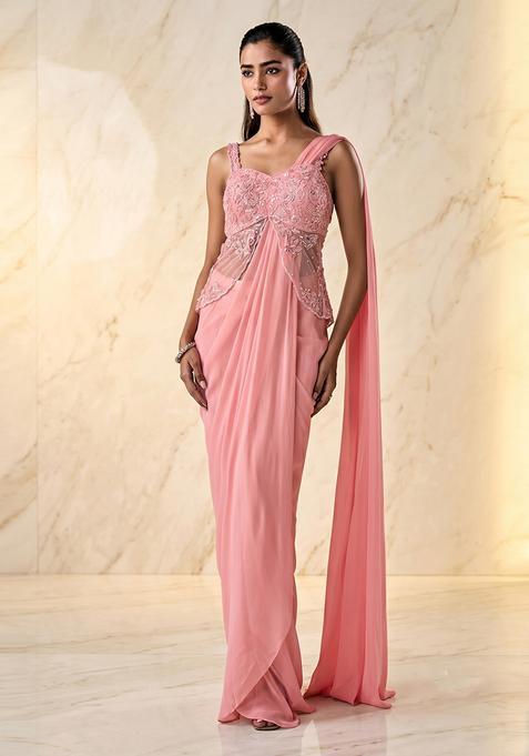 Pastel Pink Embroidered Handwork Pre Draped Saree Set