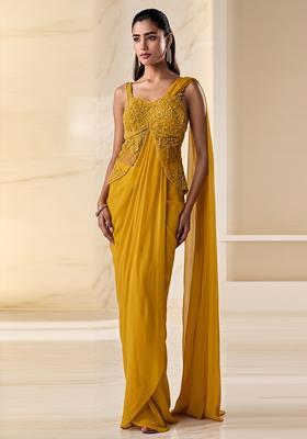 Mustard Yellow Embroidered Handwork Pre Draped Saree Set