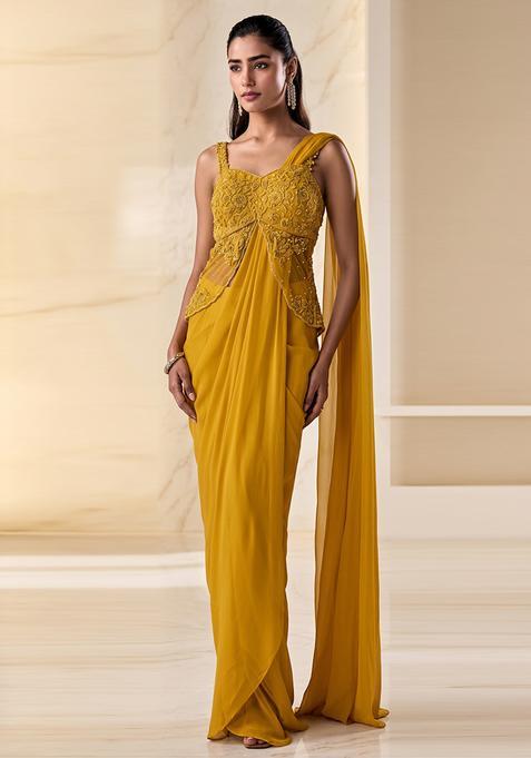 Mustard Yellow Embroidered Handwork Pre Draped Saree Set