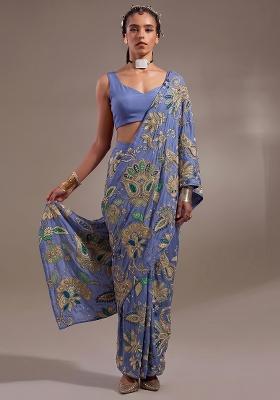 Periwinkle Blue Printed Crepe Pre Draped Saree Set