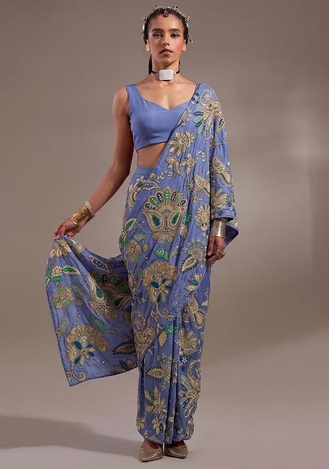 Periwinkle Blue Printed Crepe Pre Draped Saree Set