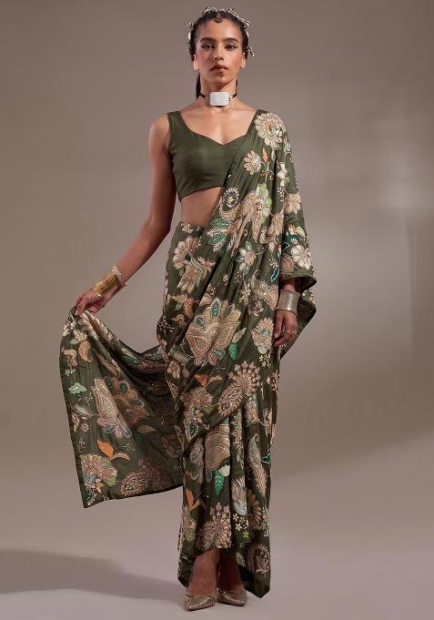 Olive Green Printed Crepe Pre Draped Saree Set