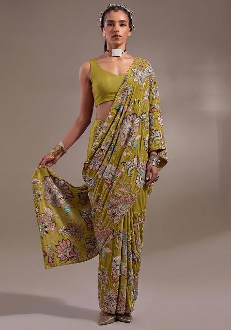 Green Printed Crepe Pre Draped Saree Set