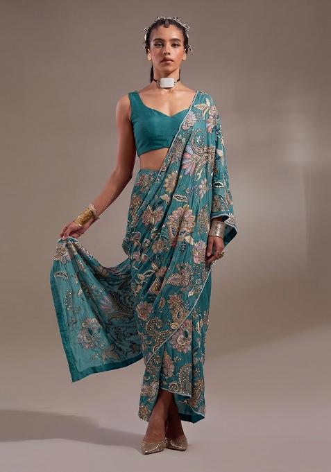Teal Blue Printed Crepe Pre Draped Saree Set