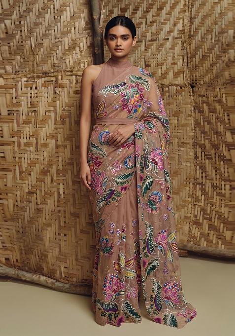 Dusty Pink Printed Organza Pre Draped Saree Set