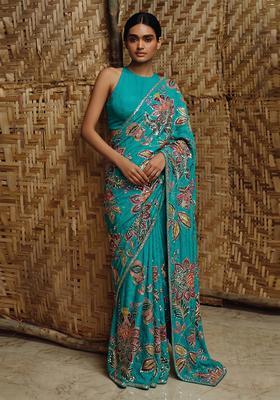 Deep Teal Printed Organza Pre Draped Saree Set