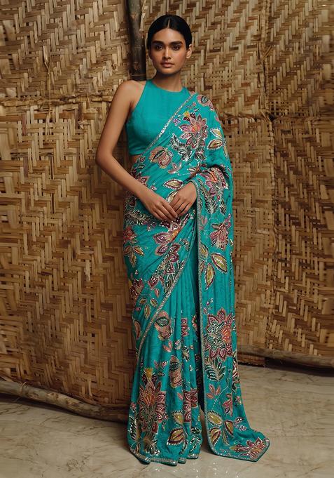 Deep Teal Printed Organza Pre Draped Saree Set