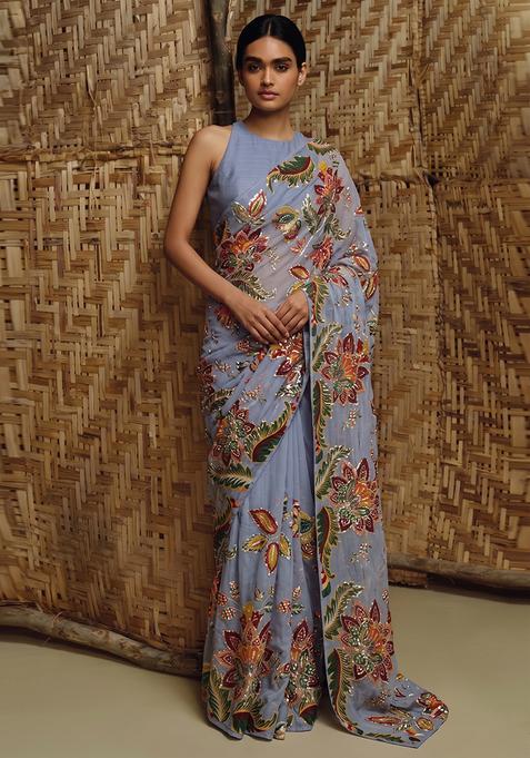 Periwinkle Blue Printed Organza Pre Draped Saree Set