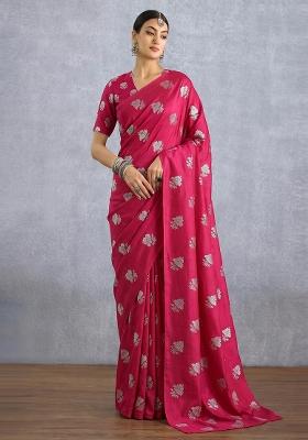 Magenta Pink Brocade Pre Draped Saree Set