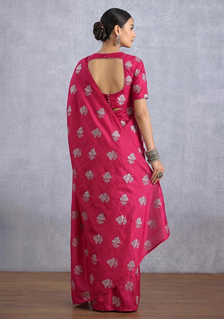Magenta Pink Brocade Pre Draped Saree Set - Indya
