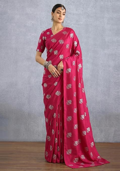 Magenta Pink Brocade Pre Draped Saree Set