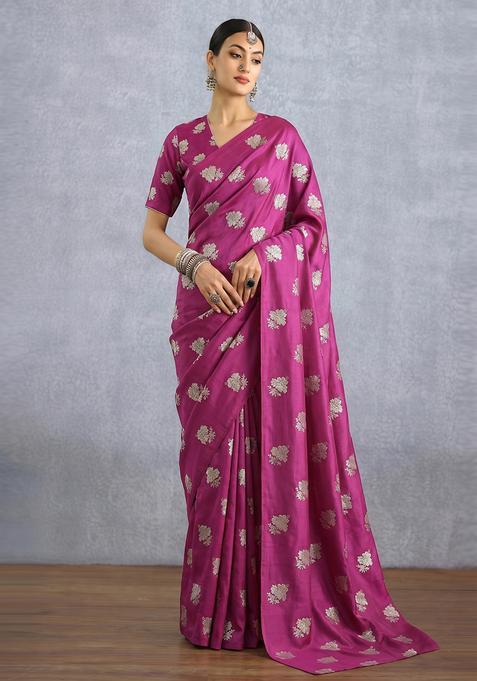 Magenta Pink Brocade Pre Draped Saree Set