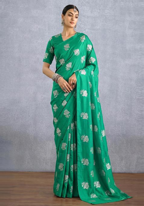 Emerald Green Brocade Pre Draped Saree Set