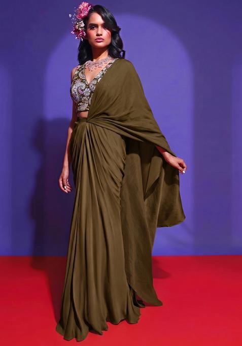 Olive Green Printed Crepe Pre Draped Saree Set
