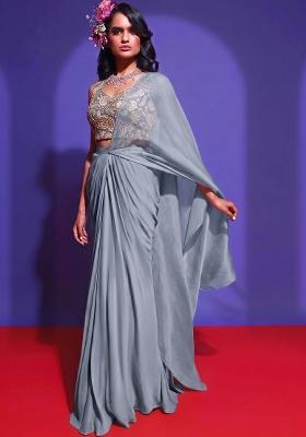 Slate Grey Printed Crepe Pre Draped Saree Set