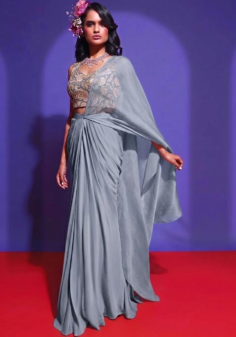 Slate Grey Printed Crepe Pre Draped Saree Set