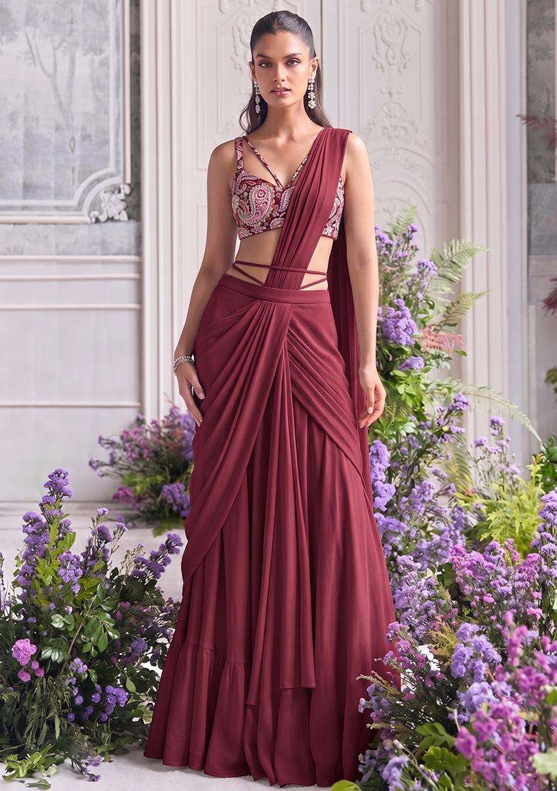 Deep Maroon Printed Crepe Pre Draped Saree Set - Indya