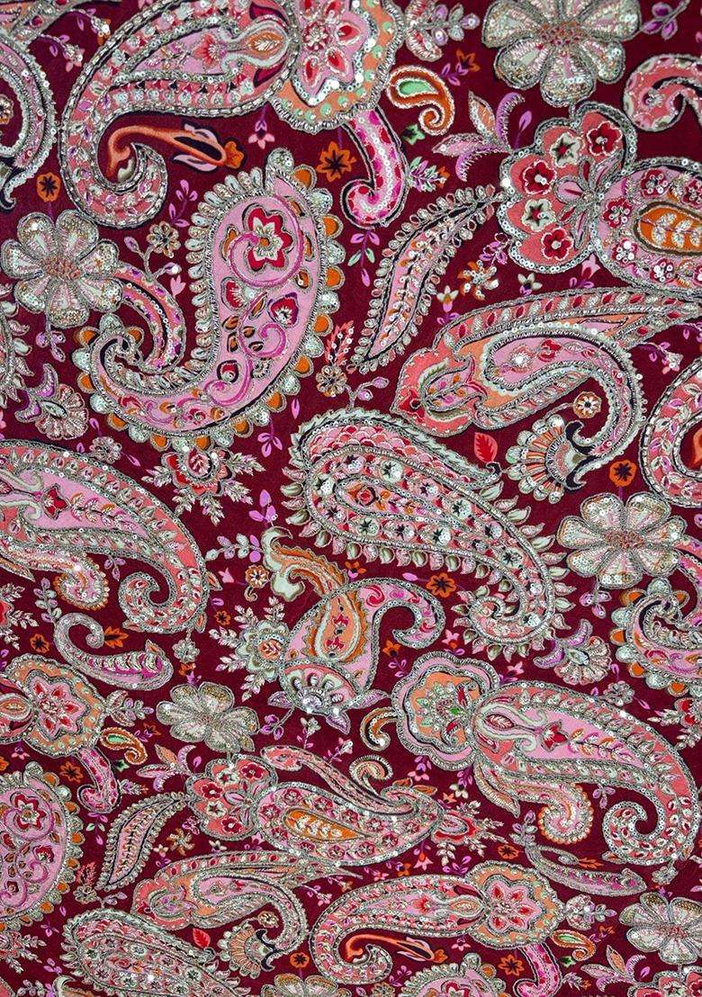 Deep Maroon Printed Crepe Pre Draped Saree Set - Indya