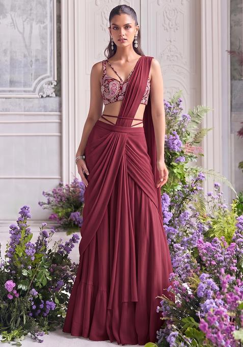 Deep Maroon Printed Crepe Pre Draped Saree Set
