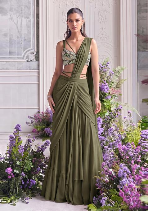 Olive Green Printed Crepe Pre Draped Saree Set