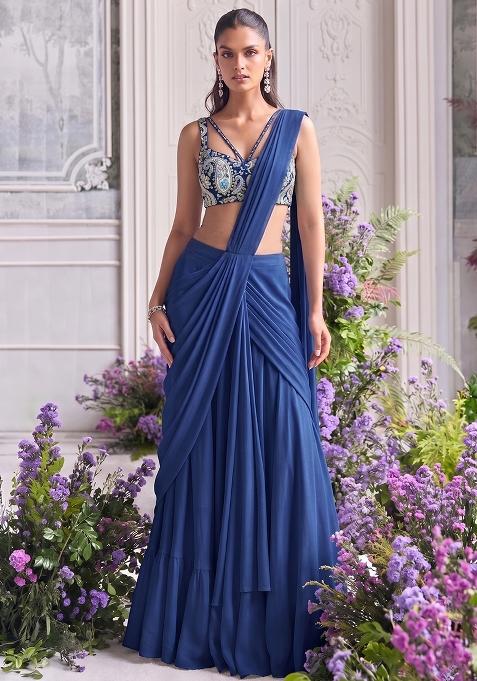 Royal Blue Printed Crepe Pre Draped Saree Set