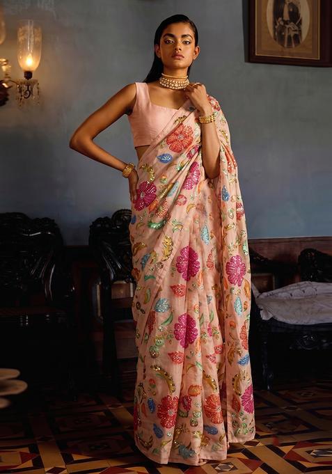 Peach Printed Pre Draped Saree Set