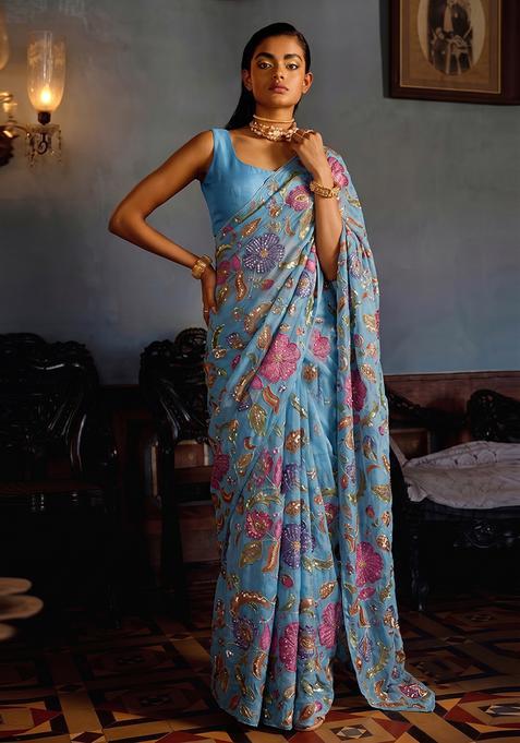 Sky Blue Printed Pre Draped Saree Set