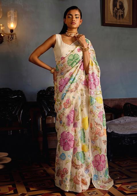 Beige Printed Pre Draped Saree Set