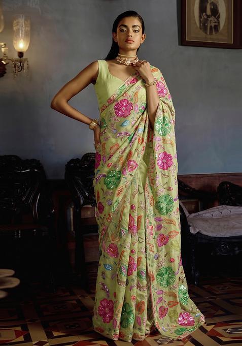 Lime Green Printed Pre Draped Saree Set