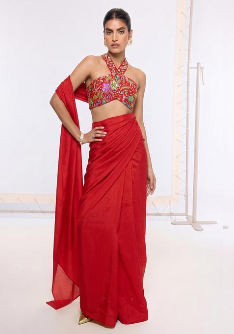 Scarlet Red Printed Crepe Pre Draped Saree Set