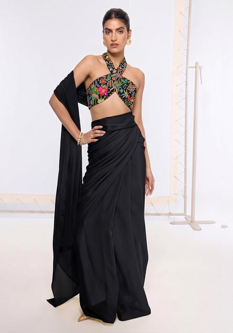 Jet Black Printed Crepe Pre Draped Saree Set