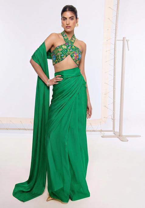 Emerald Green Printed Crepe Pre Draped Saree Set