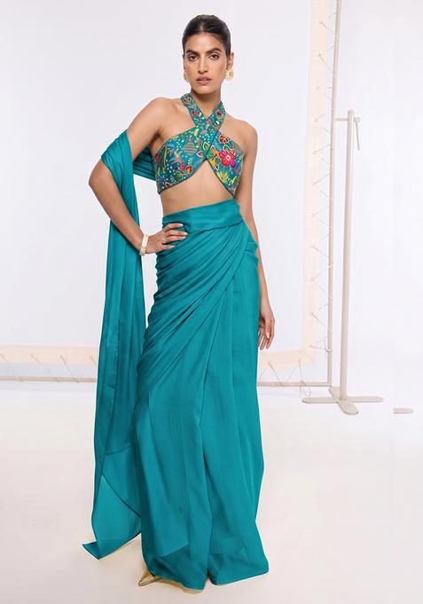 Teal Blue Printed Crepe Pre Draped Saree Set