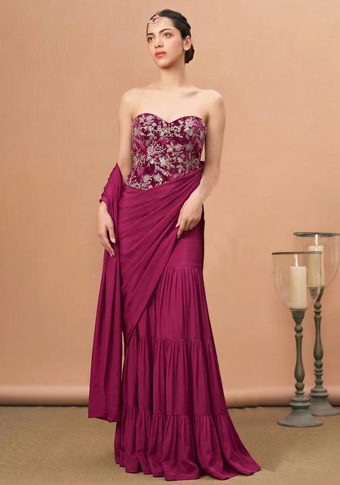 Magenta Pink Printed Crepe Pre Draped Saree Set
