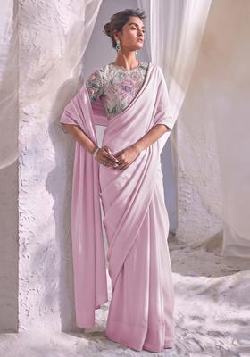 Soft Pink Printed Tissue Pre Draped Saree Set