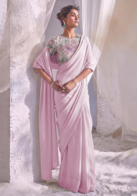 Soft Pink Printed Tissue Pre Draped Saree Set