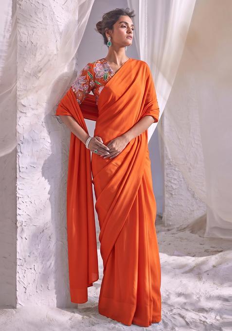 Orange Printed Tissue Pre Draped Saree Set