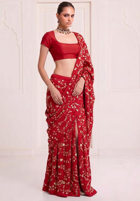 Crimson Red Embroidered Crepe Pre Draped Saree Set